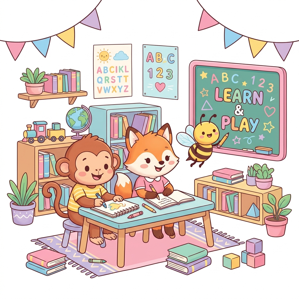 Happy kids learning with cute animals